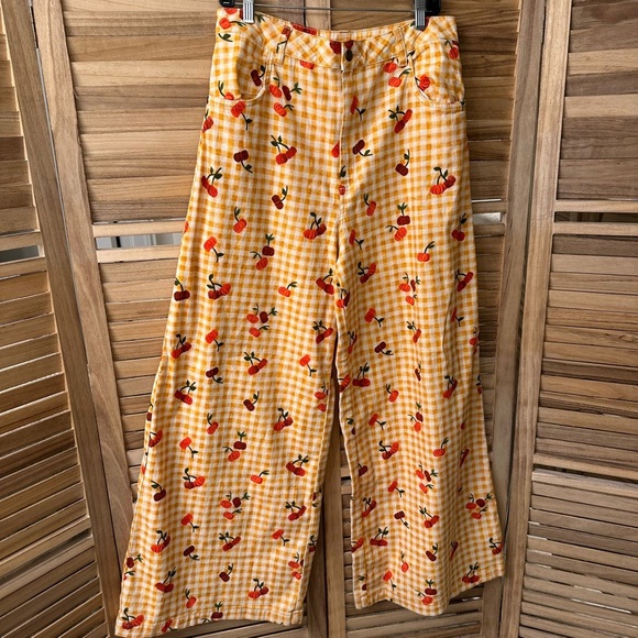 Farm x Anthropologie Gingham Cherry Wide-Leg Pants in yellow size L - Picture 4 of 8